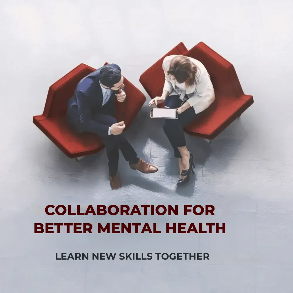 Two people in red armchairs working together, with the text 'Collaboration for better mental health. Learn new skills together'.