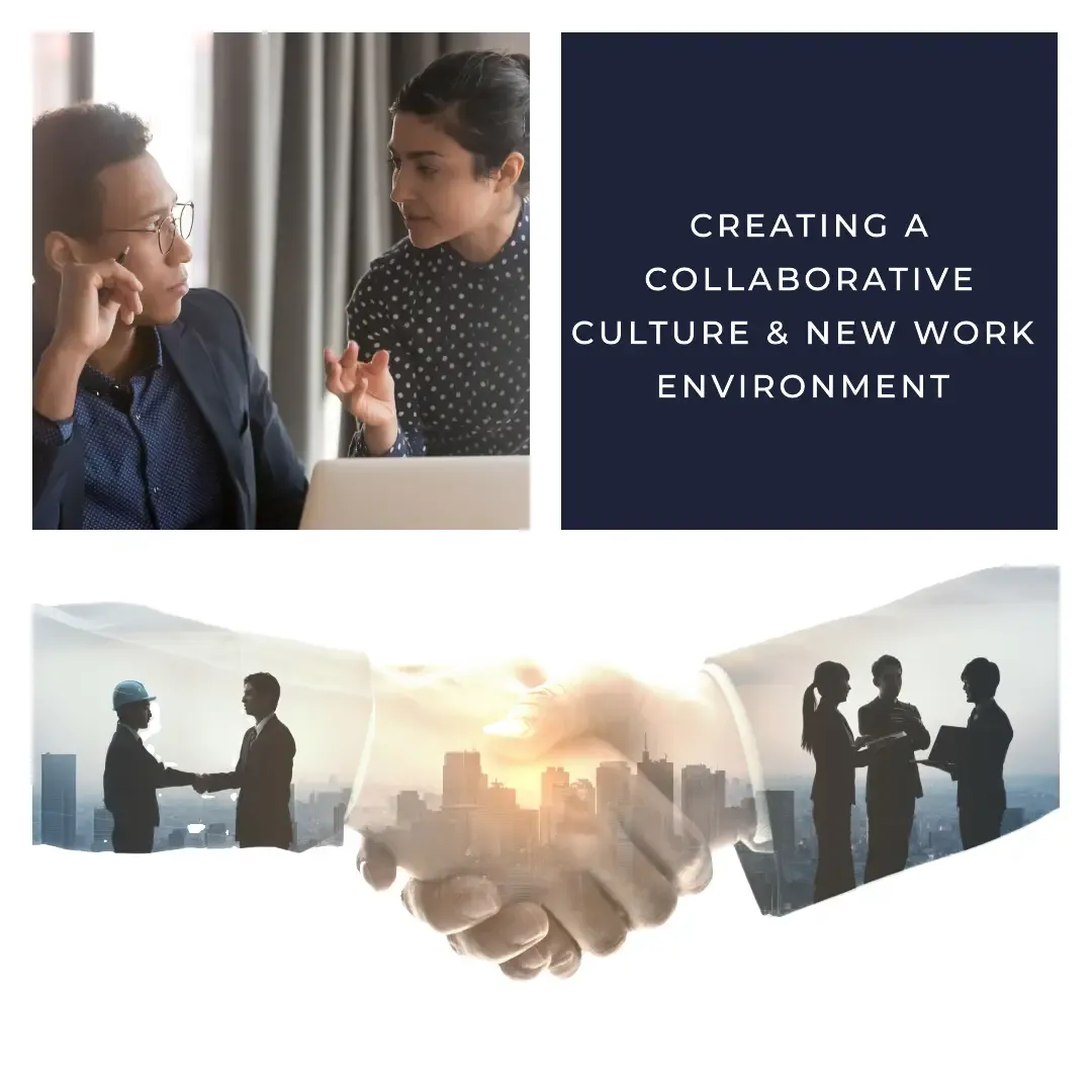 Two people in conversation at a desk with the text 'Creating a collaborative culture & new work environment'. Below, two people shake hands with a city skyline in the background. The focus is on collaborative culture and new work environments.