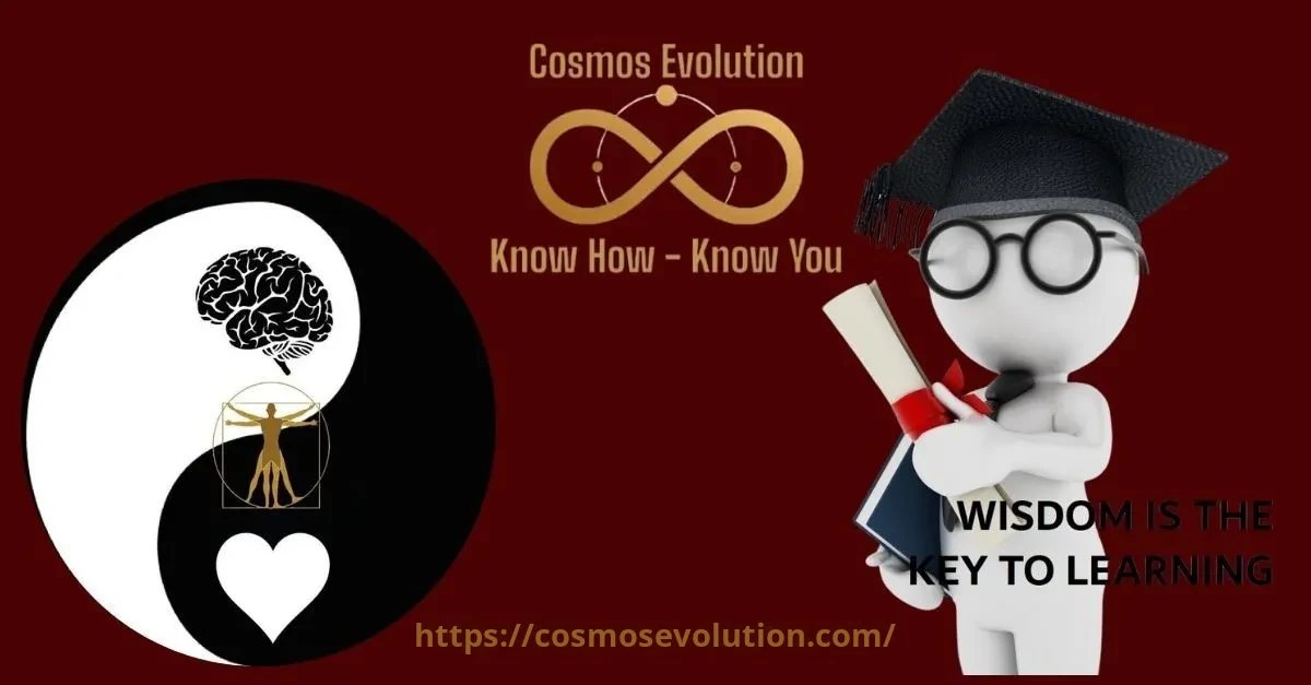 Cosmos Evolution, Know How, Know You. Yin and yang symbol with a brain, the Vitruvian Man and a heart, along with a figure in a graduation cap and the text 'Wisdom is the key to learning'.