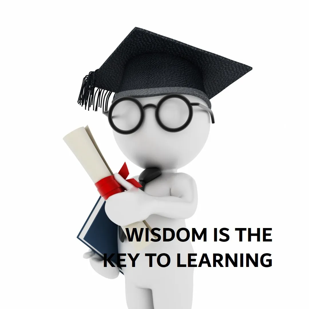 3D figure in a graduation cap and glasses holding a diploma and a book, with the text 'Wisdom is the Key to Learning'.