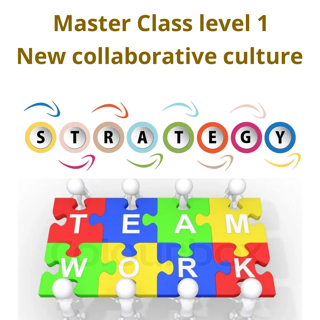Master Class level 1: New collaborative culture. Colourful letters form the word 'Strategy', and small figures assemble a jigsaw puzzle with the word 'Teamwork'.